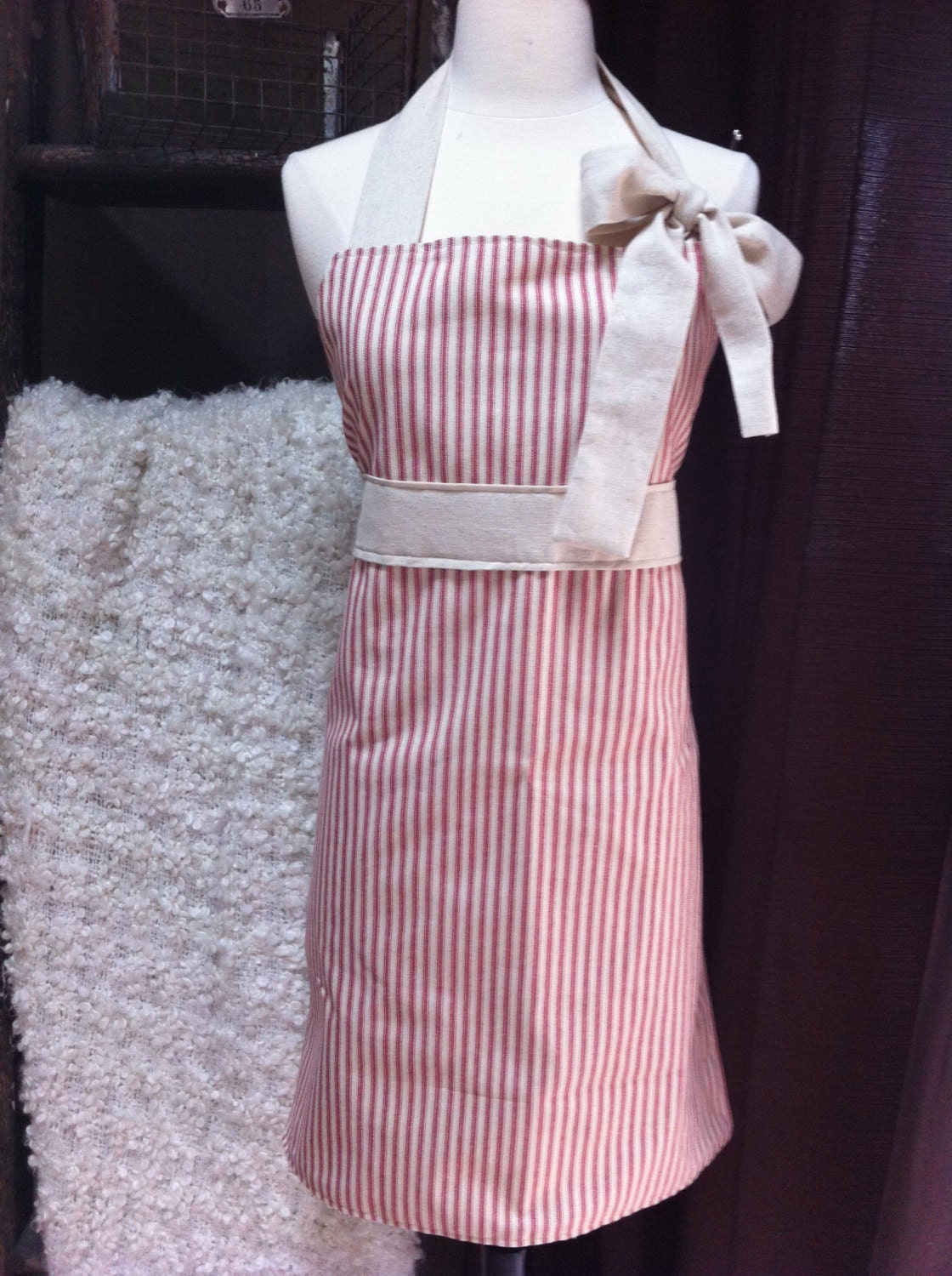 Hostess Apron Ticking Stripe Red Tan Farmhouse Chic
