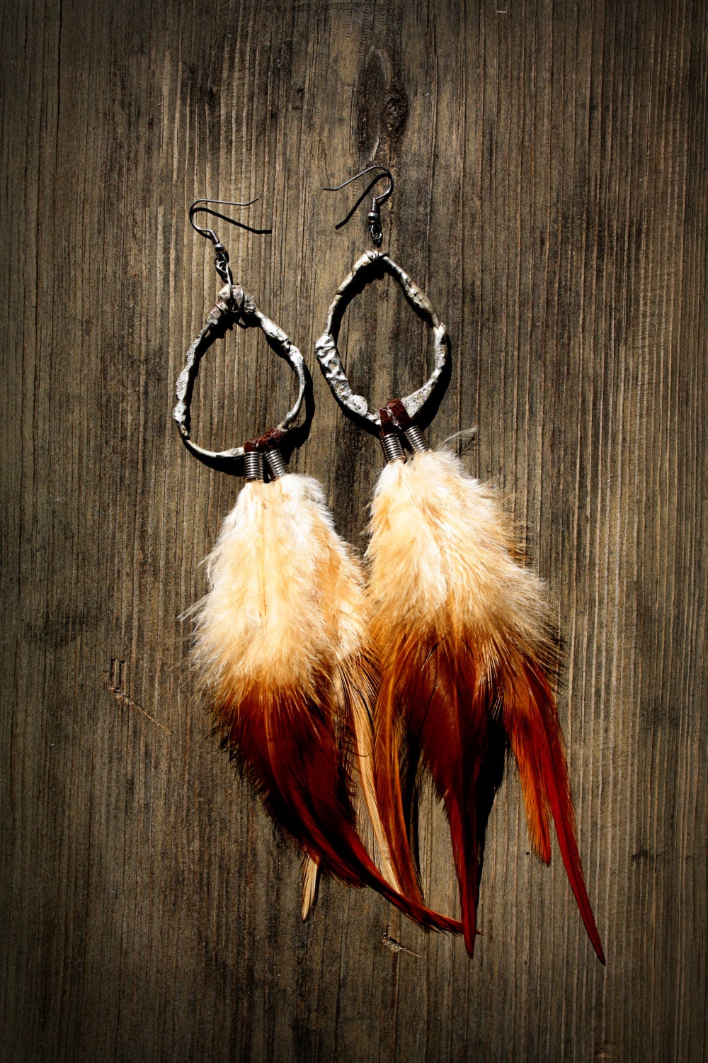 Feather Earrings - Metalwork Hoops - Industrial Tribal - Summer - Orange - Statement Jewelry