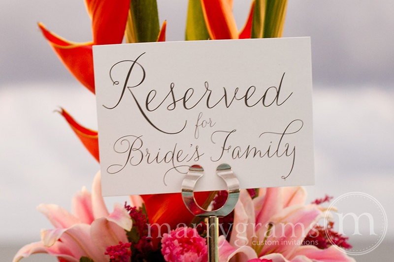 Reserved for Bride or Groom's Family Sign Table Card - Wedding Reception Seating Signage (Set of 2) Matching Table Numbers Available SS01
