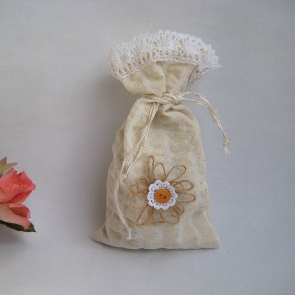 Small Cotton Gift Bags Burlap Lace Flower SET OF 10 Off white Favor Sachets Drawstring Pouch Reusable Wedding Rustic Shabby chic by margity