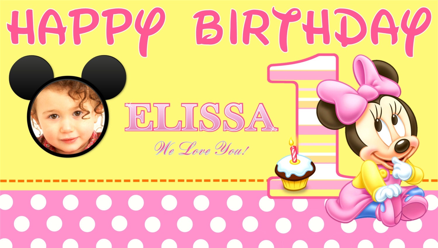 Baby Minnie Mouse 1 Year Old First Birthday V.4 with Child's Photo Personalized Custom Birthday Banner Party Decoration