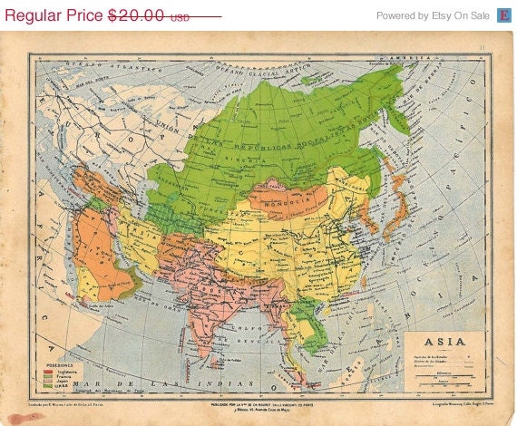 1929 Vintage Map Asia  Color Block Historical Home Decor