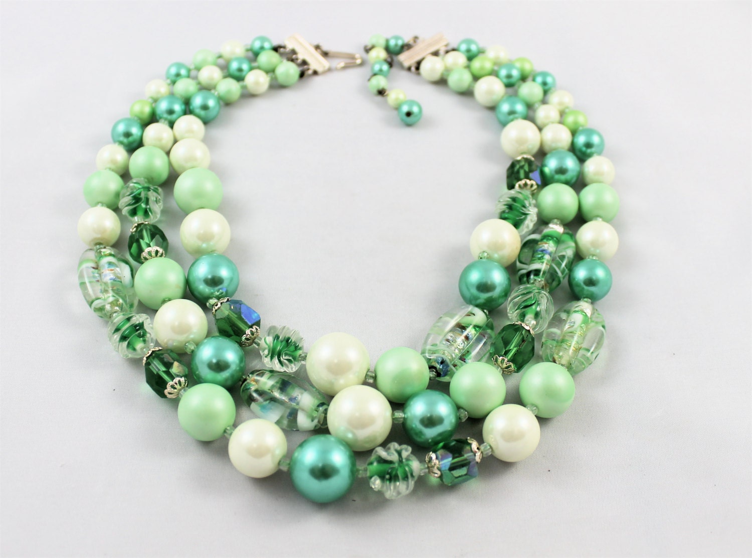50's chunky necklace lime blue cream Japanese art glass pearl bead multi-strand rare never used excellent stunning high fashion retro