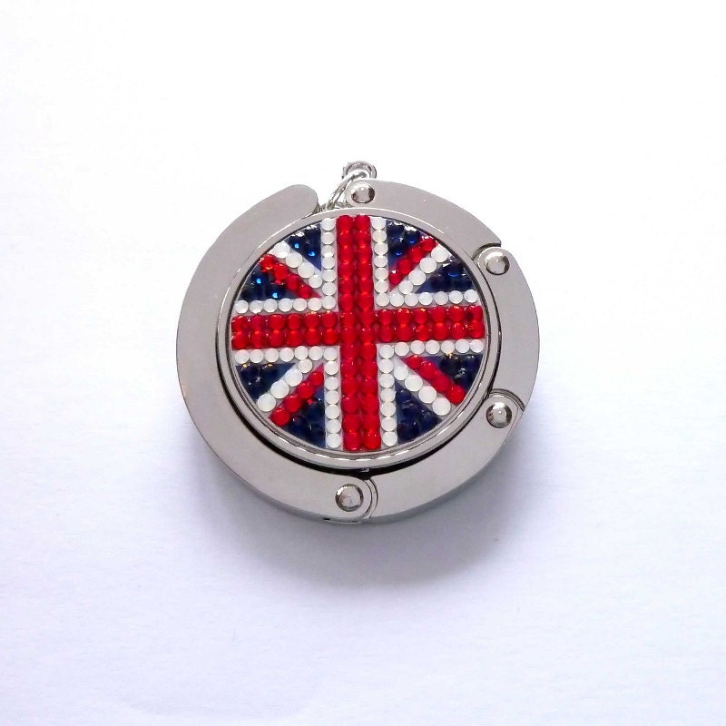 UK flag  foldable bag hanger, purse hook, bag holder made with Swarovski flatback crystals