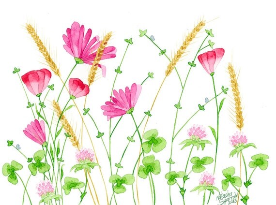 A3 Original floral painting - Wild pink red green flowers - Irish clover painting - st patricks day