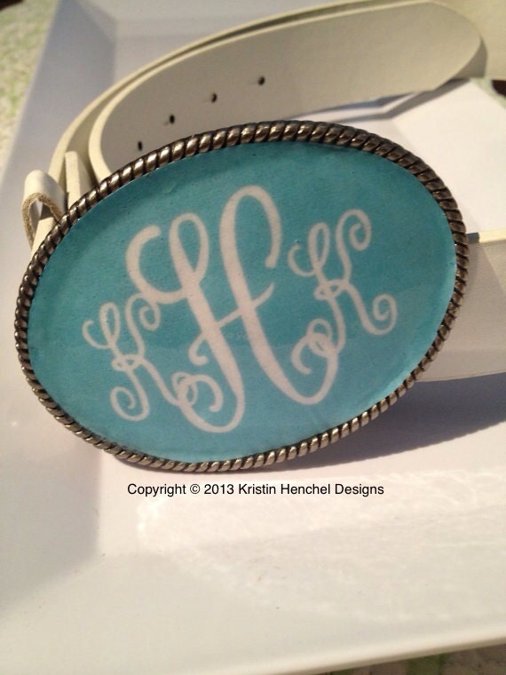 Monogram enamel belt buckle - aqua with white initials