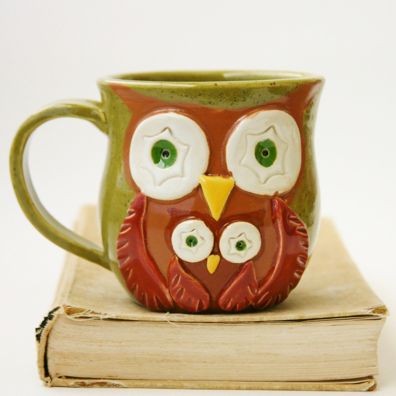 Mommy & Baby Owl Ceramic Mug - Retro Olive Green - Original OOAK Design