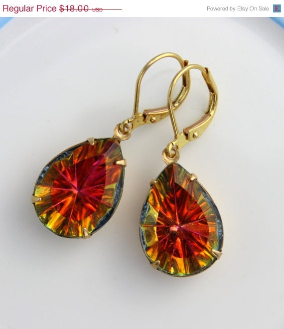Summer Sale: Rare Pink and Orange vitrail Estate style drop earrings