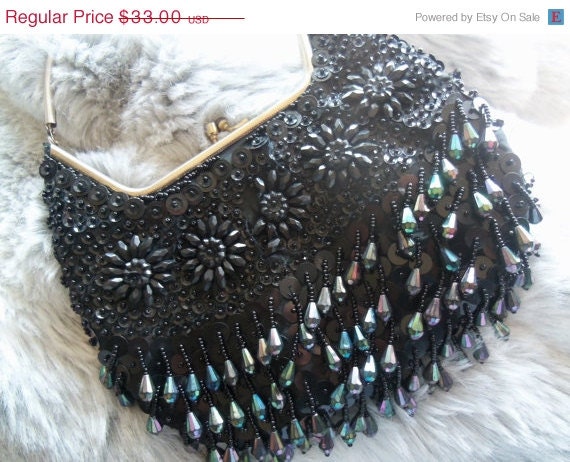Classic Black Beaded Bag 1960's Vintage Black Tie Formal Collectible Clutch Handbag Made in Hong Kong