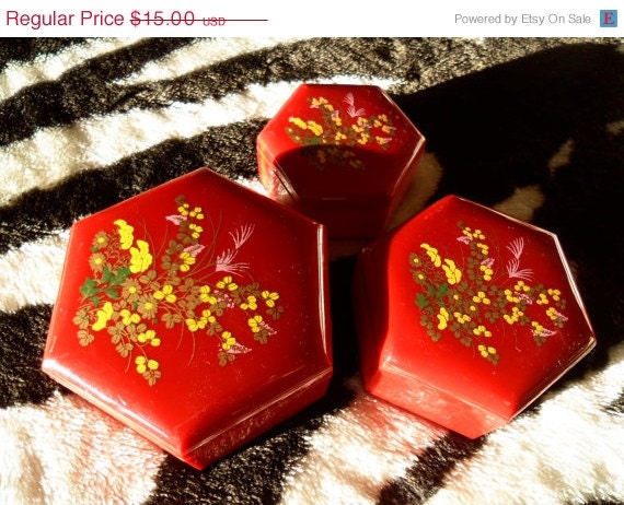 Set of 3 Red Cannisters Matching Home Organizers Jewelry Display Storage 1960's Made in Hong Kong Home Decor Boxes