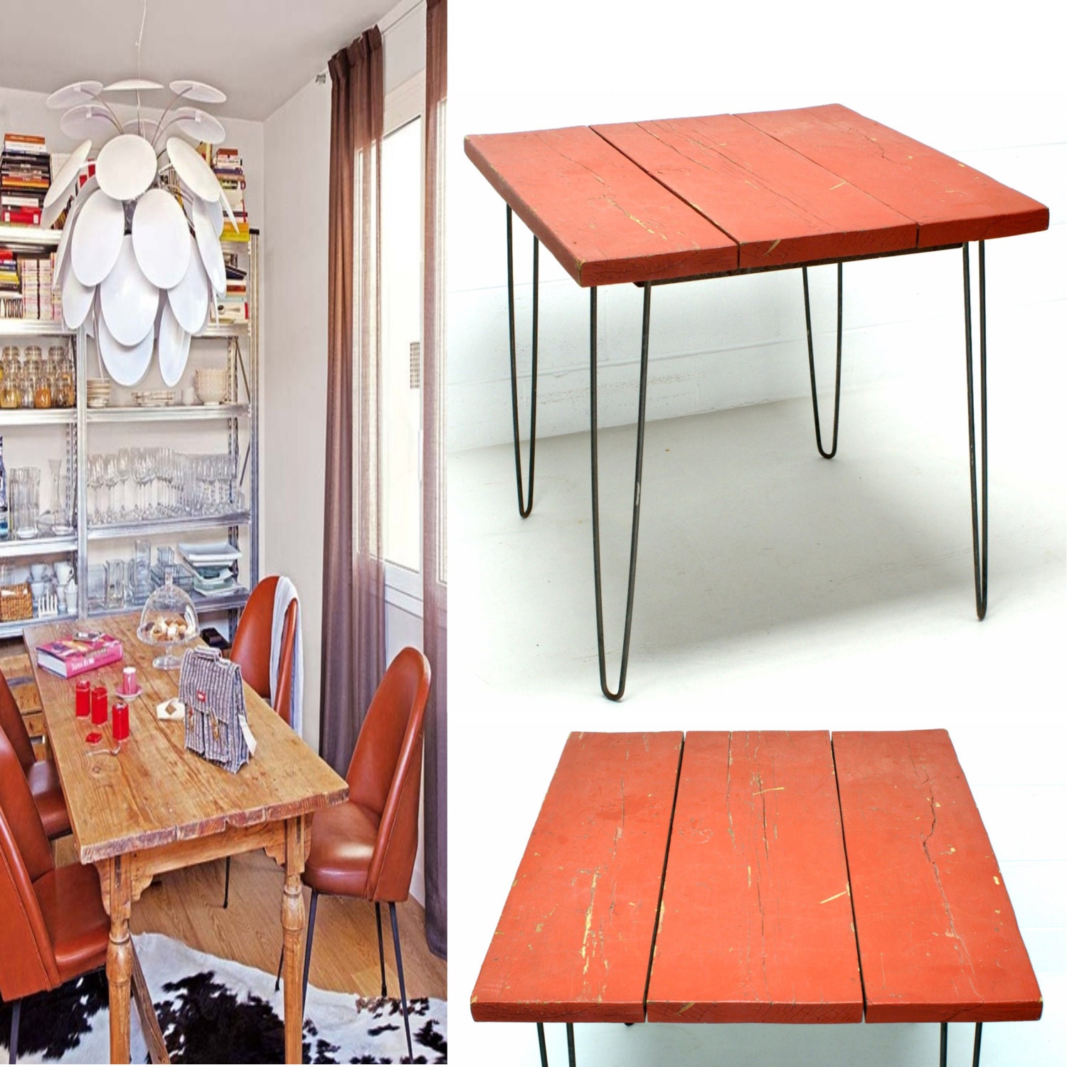Mid Century Modern Reclaimed Upcycled wood table with Vintage hair pin legs