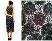 Vintage 90s Black Lace Silver Roses Maxi Dress S