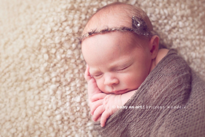 Jessica Simpson vintage Bloom : Newborn Headband  - Brown - Newborn Photo Prop -  halo,  flower headband, head band