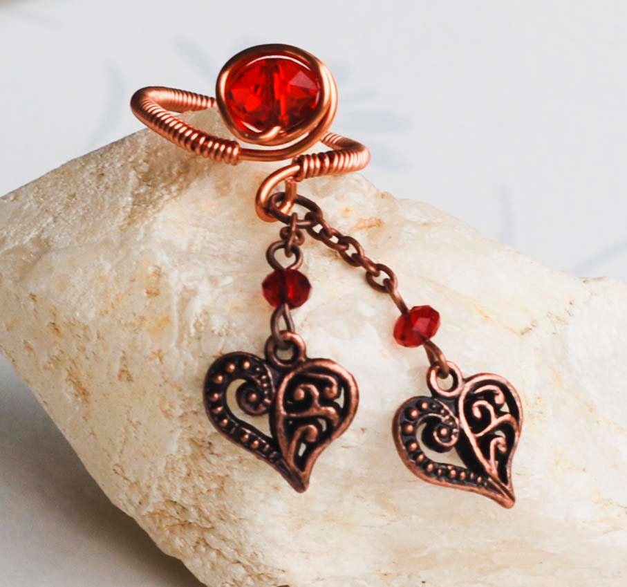 2 Lovers' Fancy Heart Red Crystal Copper Wire Wrap Adjustable Charm Ring