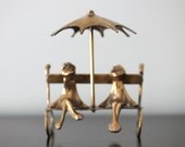Vintage Brass Frog and Umbrella Figurine Made In India SUN SHOWERS