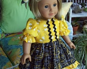 American Girl Doll  18 inch doll dress and hair clip Yellow honeybee fabric trimmed with black print