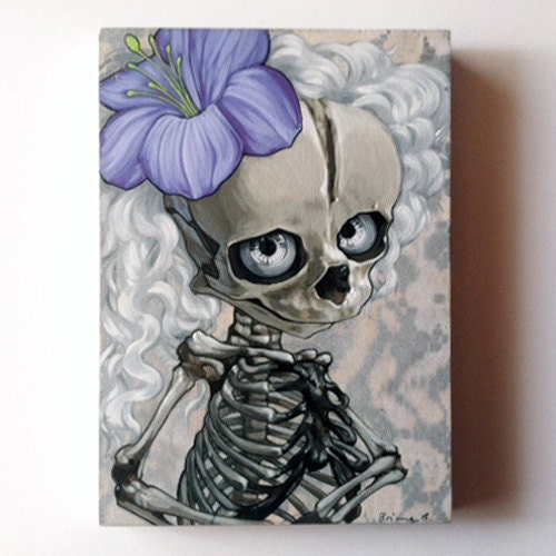 Little girl skeleton in white original painting on panel