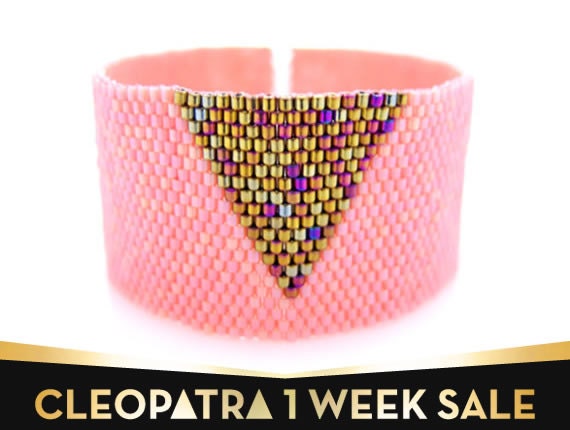 Coral Pink Cuff, Beaded Bracelet Cuff, Gold Triangle Cuff, Gold Arrow Bracelet, Geometric Cuff, Handmade OOAK by JeannieRichard