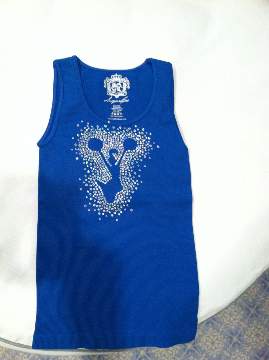 Royal blue tank with  nailheads in cheerleader silhouette in silver