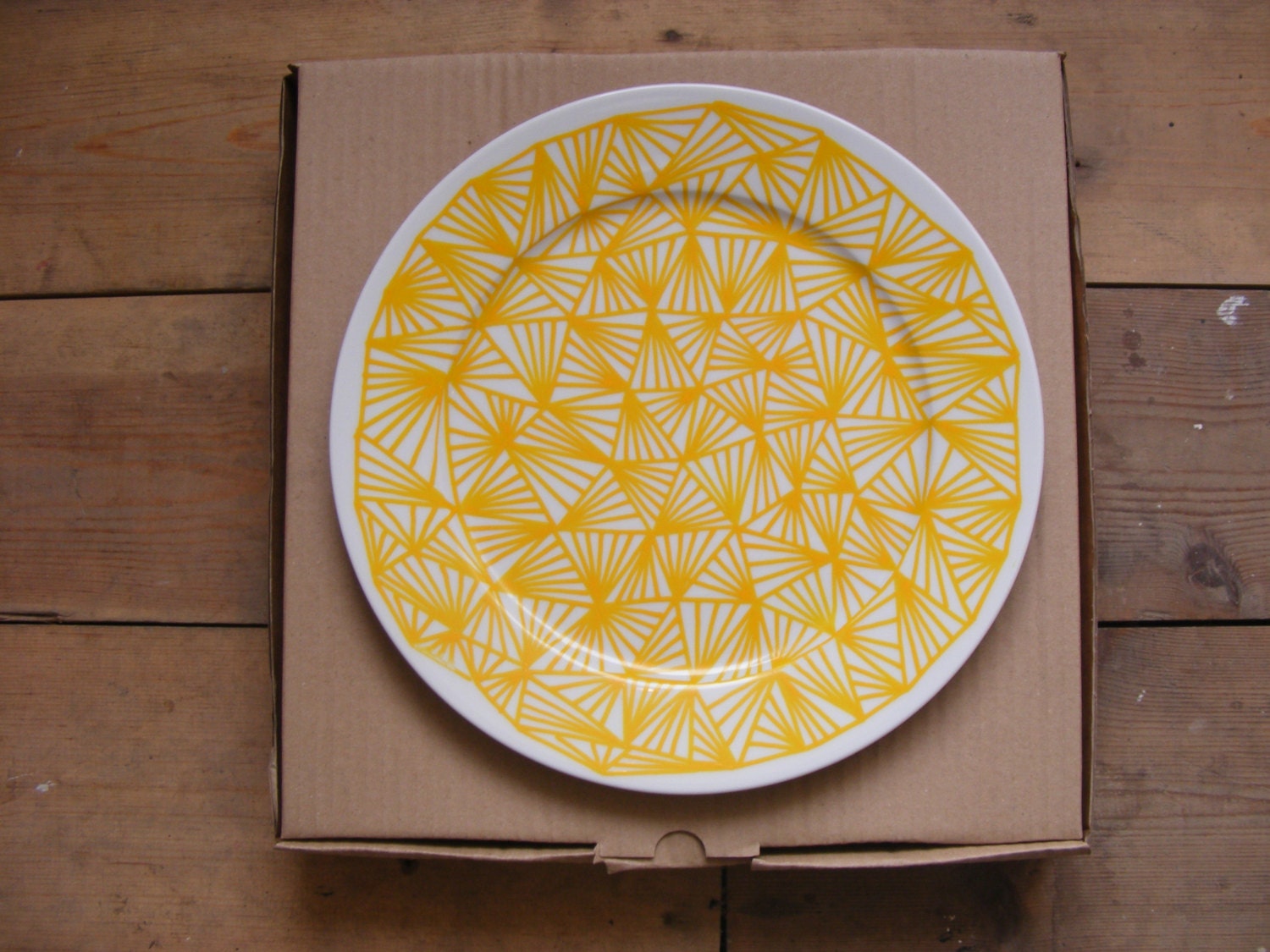 One-off Hand Drawn Patterned Porcelain Plate Yellow 27cm diameter