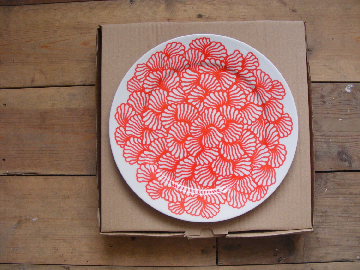 One-off Hand Drawn Patterned Porcelain Plate Red 27cm diameter