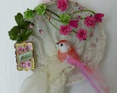 Lacey Wall Collage, Pink And Green Flowers And Bird
