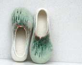 Felted slippers. Painting of Spring. Green, white red colors. For women.