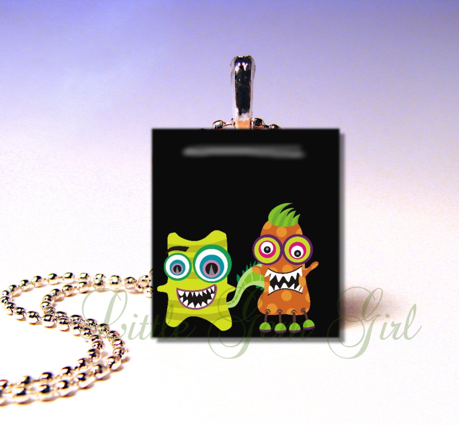 Scrabble Pendant - Cute Alien Monster Best Friends Boys Wood Tile Necklace Pendant (ball chain sold separately)