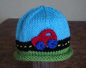 Road Trip Red Car Beanie - Hand Knit Baby Boy Hat with Car Driving on Road - Newborn, Infant and Toddler Sizes