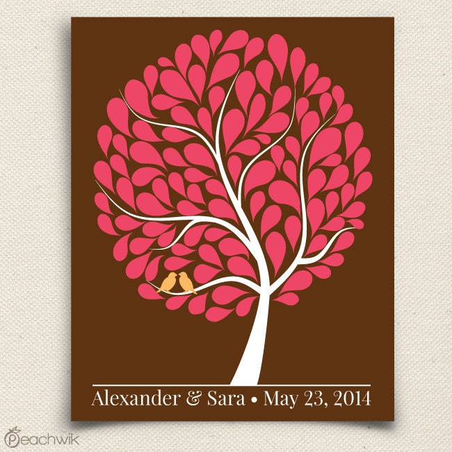 Guest Book Alternative - The Bubblewik - A Peachwik Personalized Art Print - 100 guest sign in - Love Birds in A Bubble Tree Guestbook