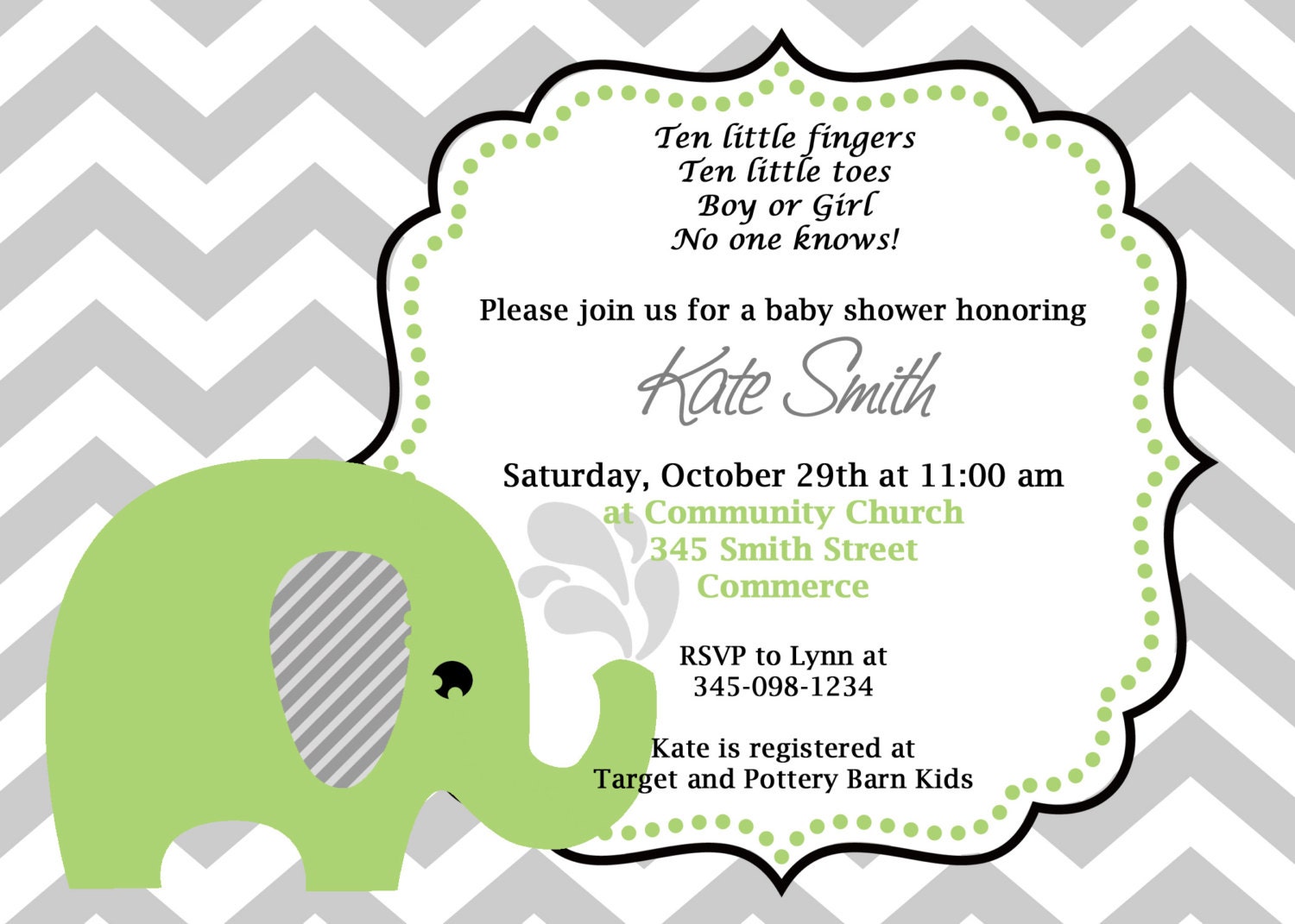 Printable Green Elephant Chevron Baby Shower Invitation. Customized Shower Invitation. Cute Green Elephant Birthday Invitation. Il_570xn