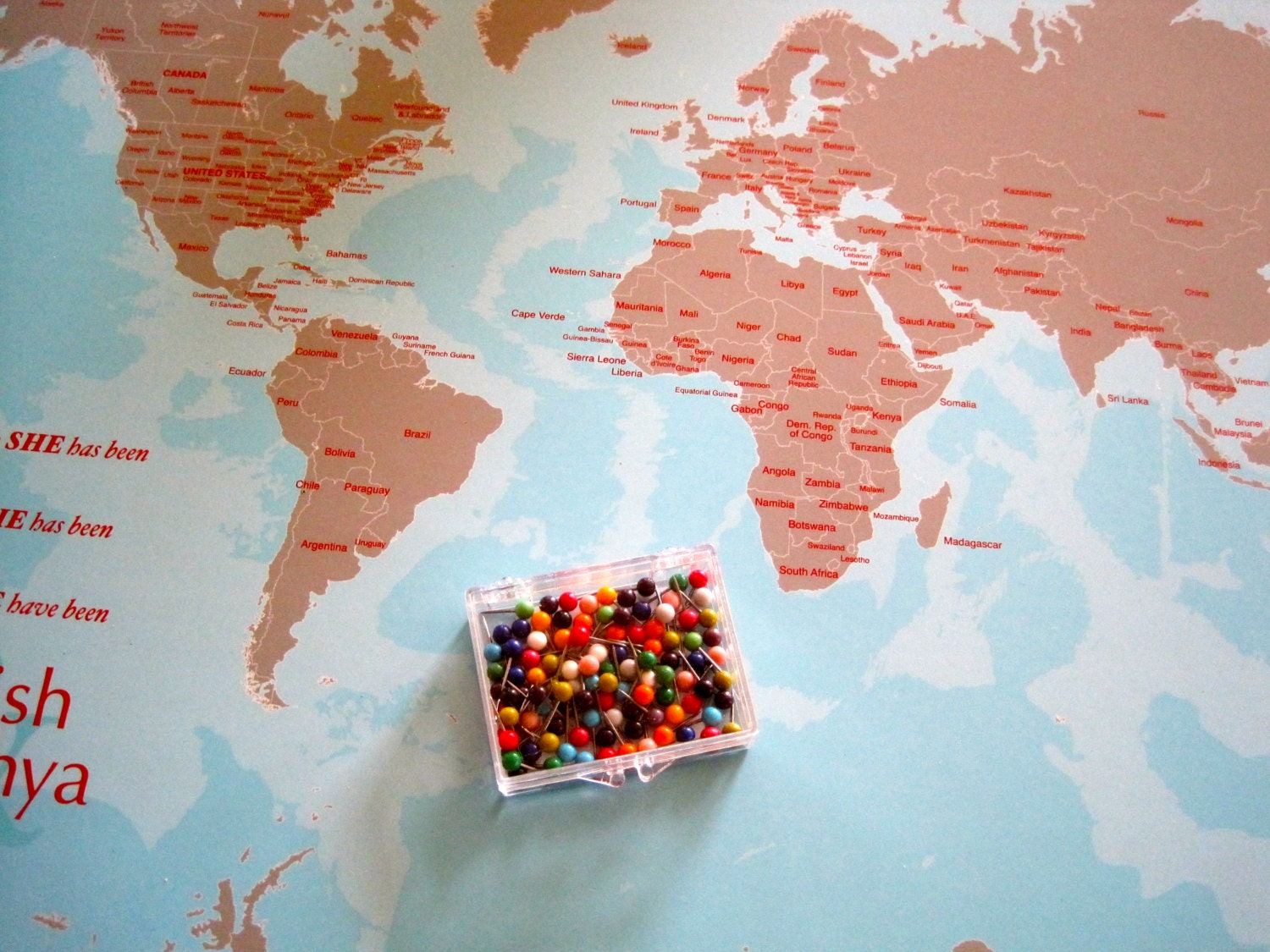 World Map Mounted on Foam Board, His and Hers Personal Map, 16X20 Inches, World Travel, Honeymoon, Vacation Art, Travel Map and Pins