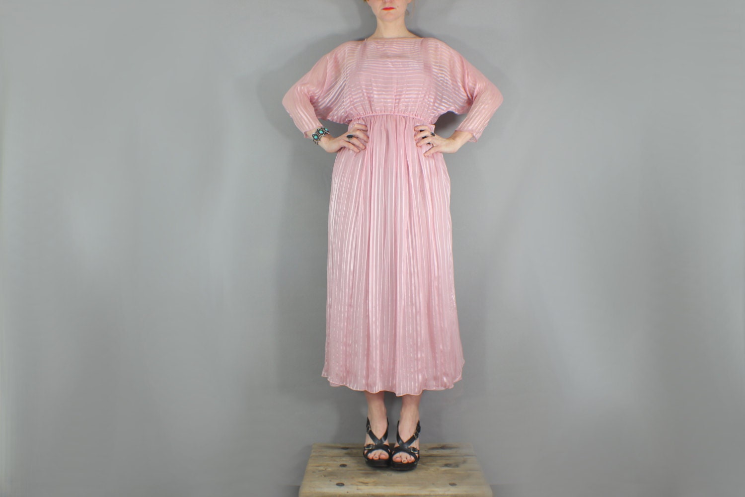 Vintage Sheer Dress with Matching Slip Blush Maxi Dress