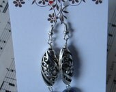 Blue Black Freshwater Pearl Dangle Earrings Silver Floral Flower Cut out Design Fresh Flashy