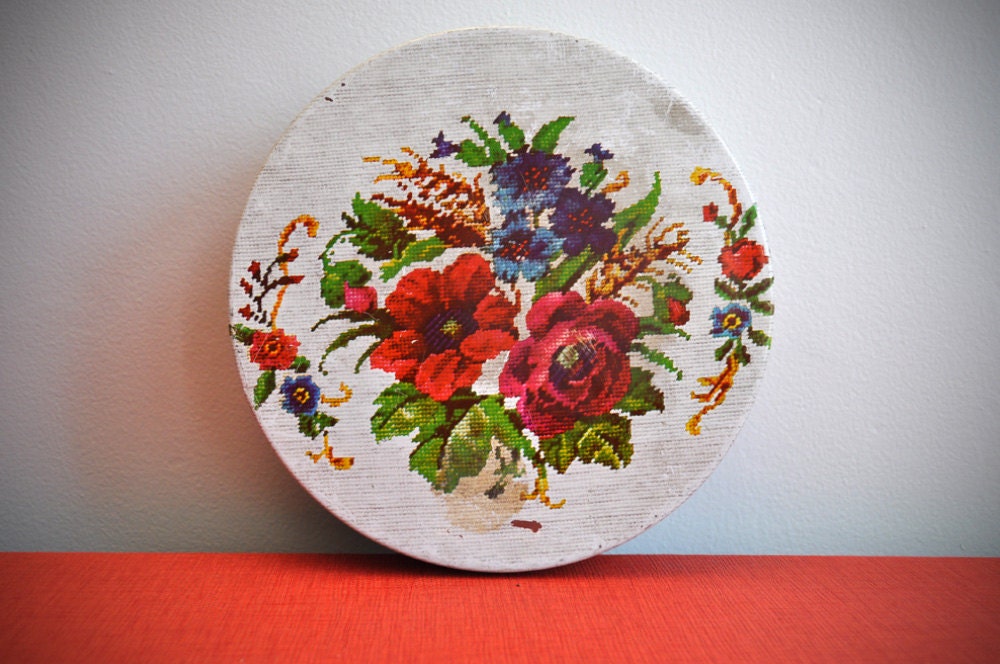 Vintage Metal Tin - Cross-Stitch Embroidery Style Floral Design