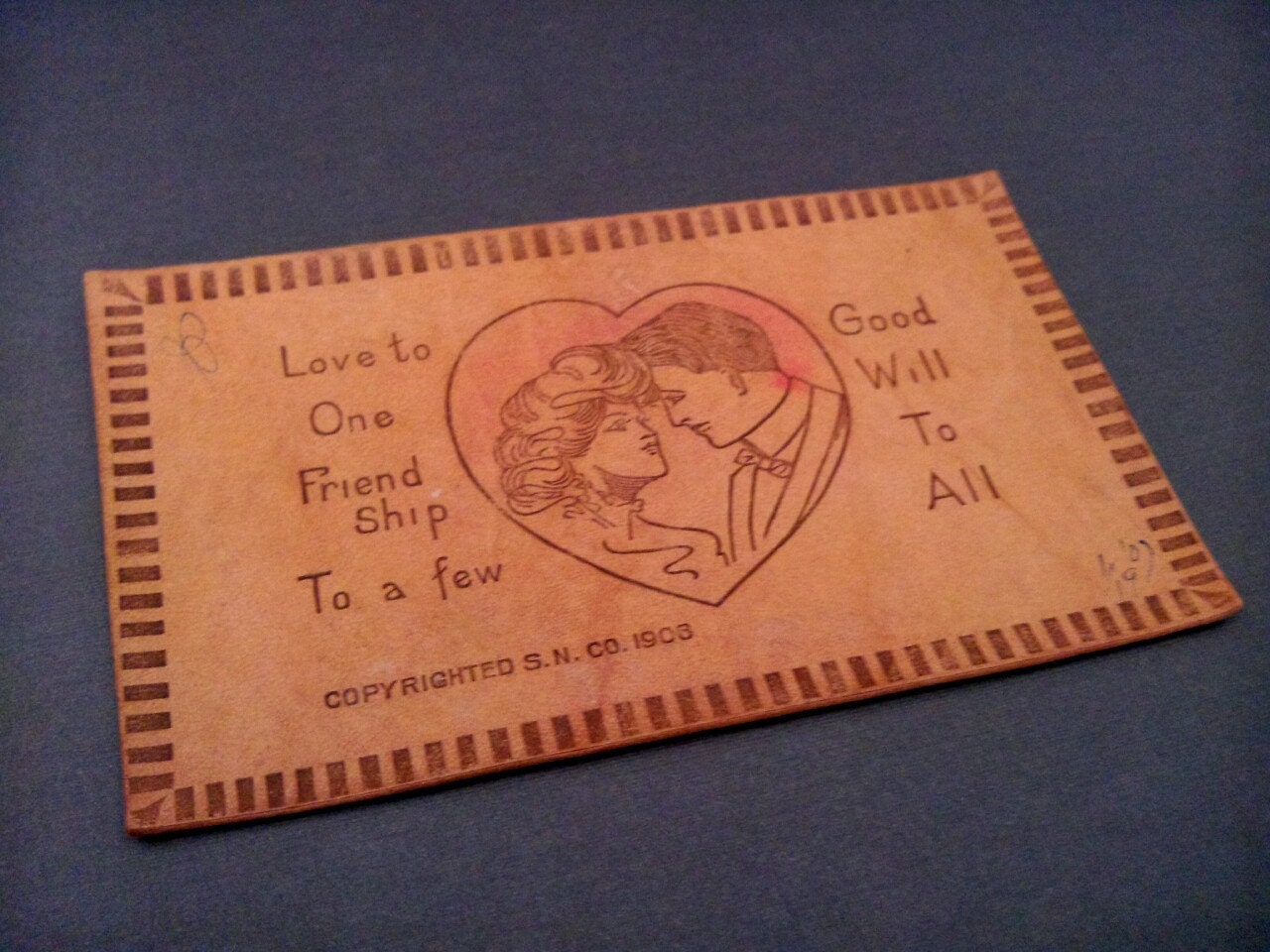Leather Postcard Edwardian Sweetheart Couple in Heart