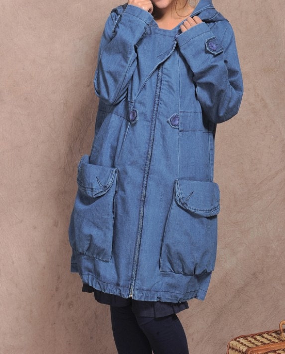 Hood Large pockets blue cowboy coat
