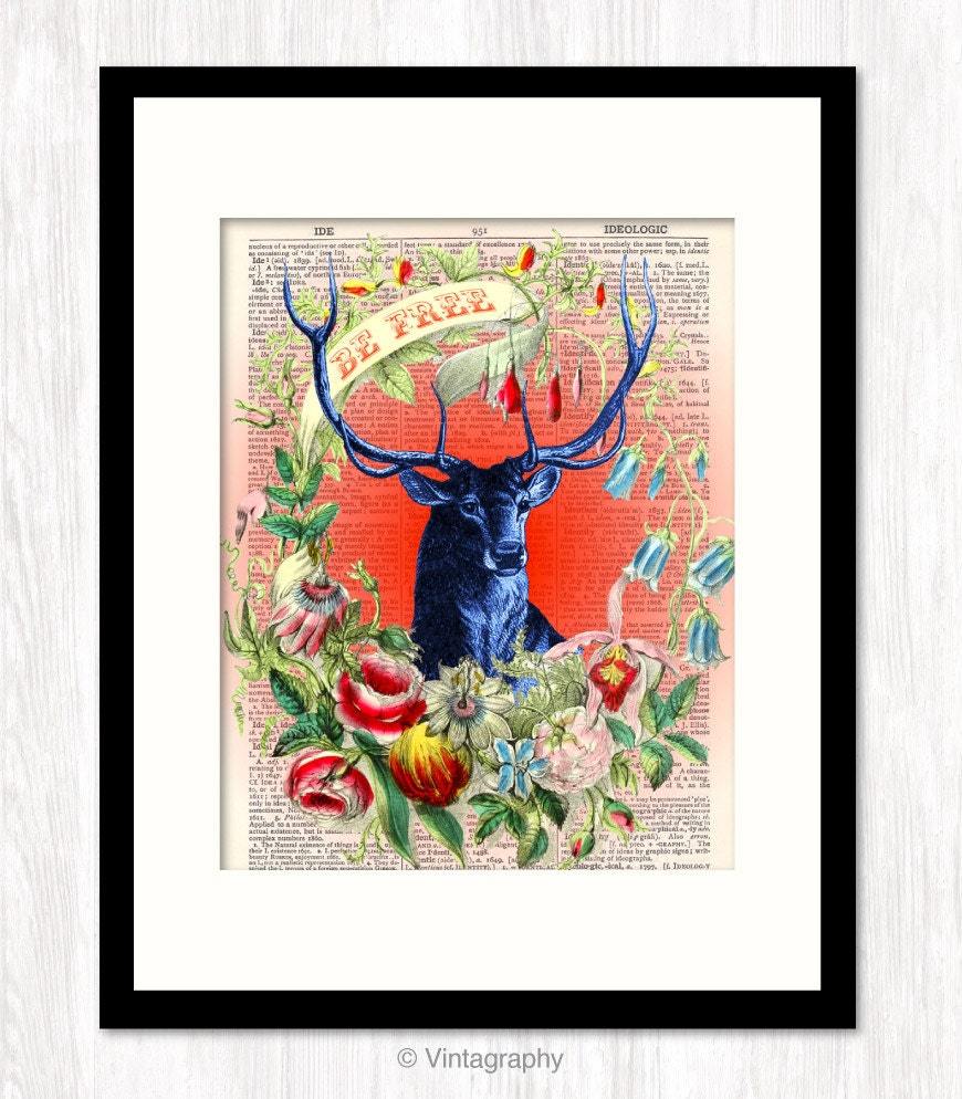 BE FREE STAG 11x14 inch Poster Typographic Art Print Typography print on reproduction vintage dictionary page