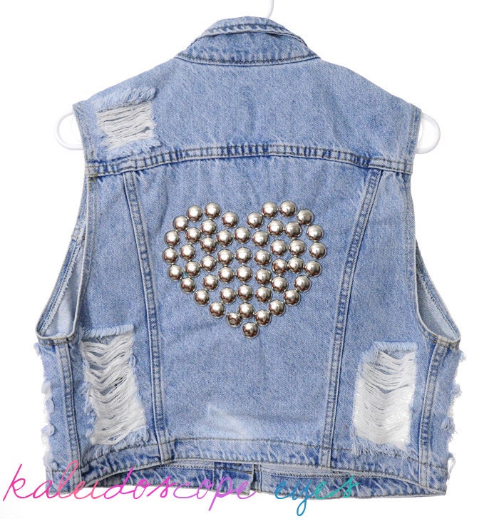 Vintage Lee Destroyed Blue Denim HEART STUDDED Vest Jacket  M L