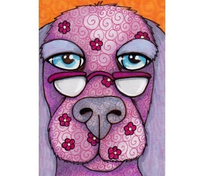 ACEO Original Illustration, Purple Dog Named Simon