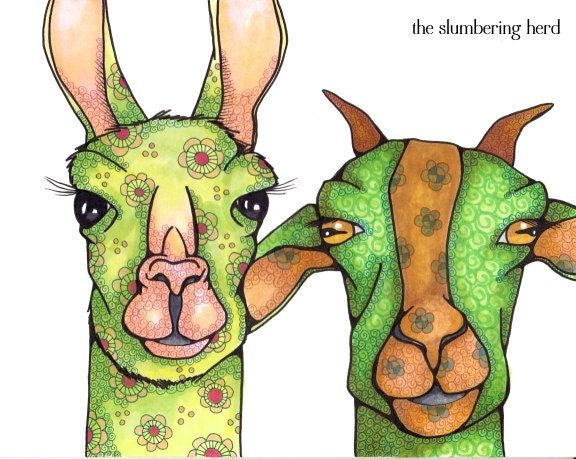 Original Art Llama and Goat, Whimsical Green Friends