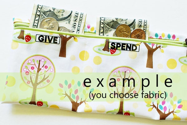Girls Give Spend Save trifold wallet in designer laminated cotton // 3 sections // your choice of fabric