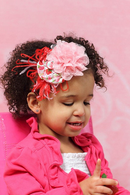 Rosette Summer Headband - Strawberry Red - Rosette and Lace Flower Headband - Baby Girl - Photo Prop