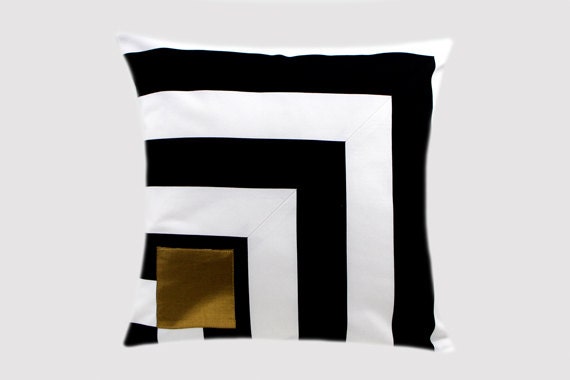 Cotton Black-White Throw pillow case with Gold accent on the front, fits 18"x 18" insert,  Cushion case, Toss pillow case.