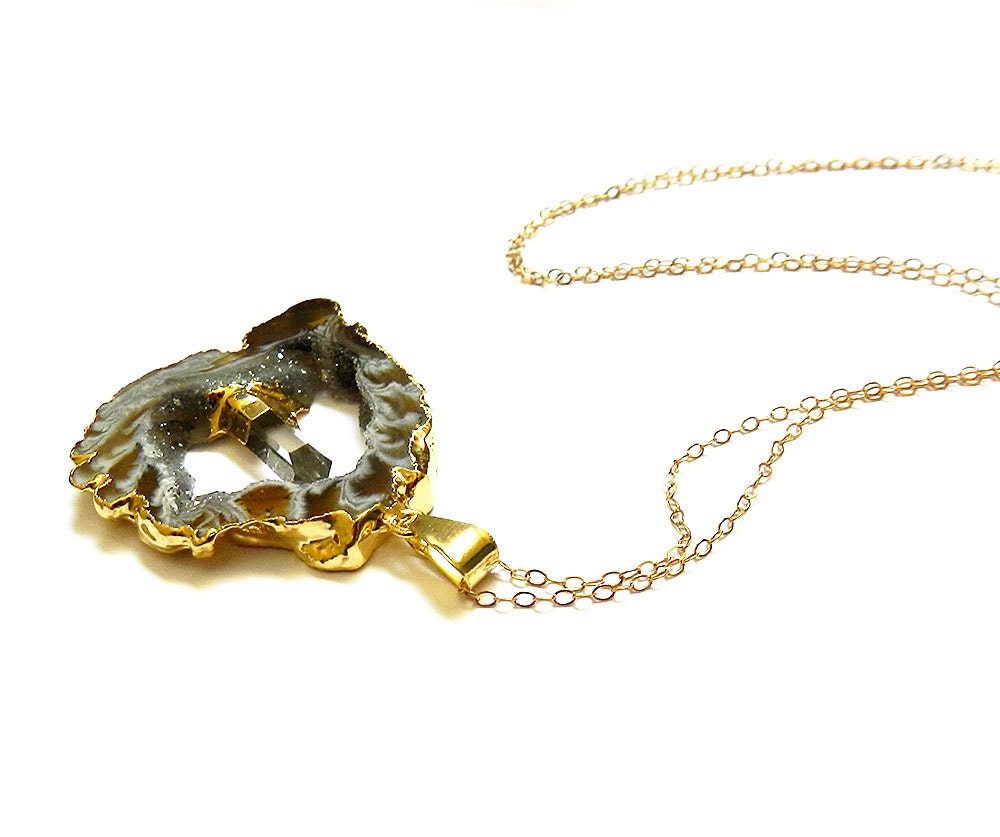 Geode Agate Slice Necklace // Gold Edged, Raw Crystal Druzy, Clear Quartz Fixed Point, Gold Filled Chain, Occo