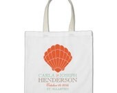 Beach Gift or Wedding Welcome Tote Bag - Personalized Classic Sunset Orange Seashell Tote Bag in Brown Sand//Sunset Orange/Seafoam Green