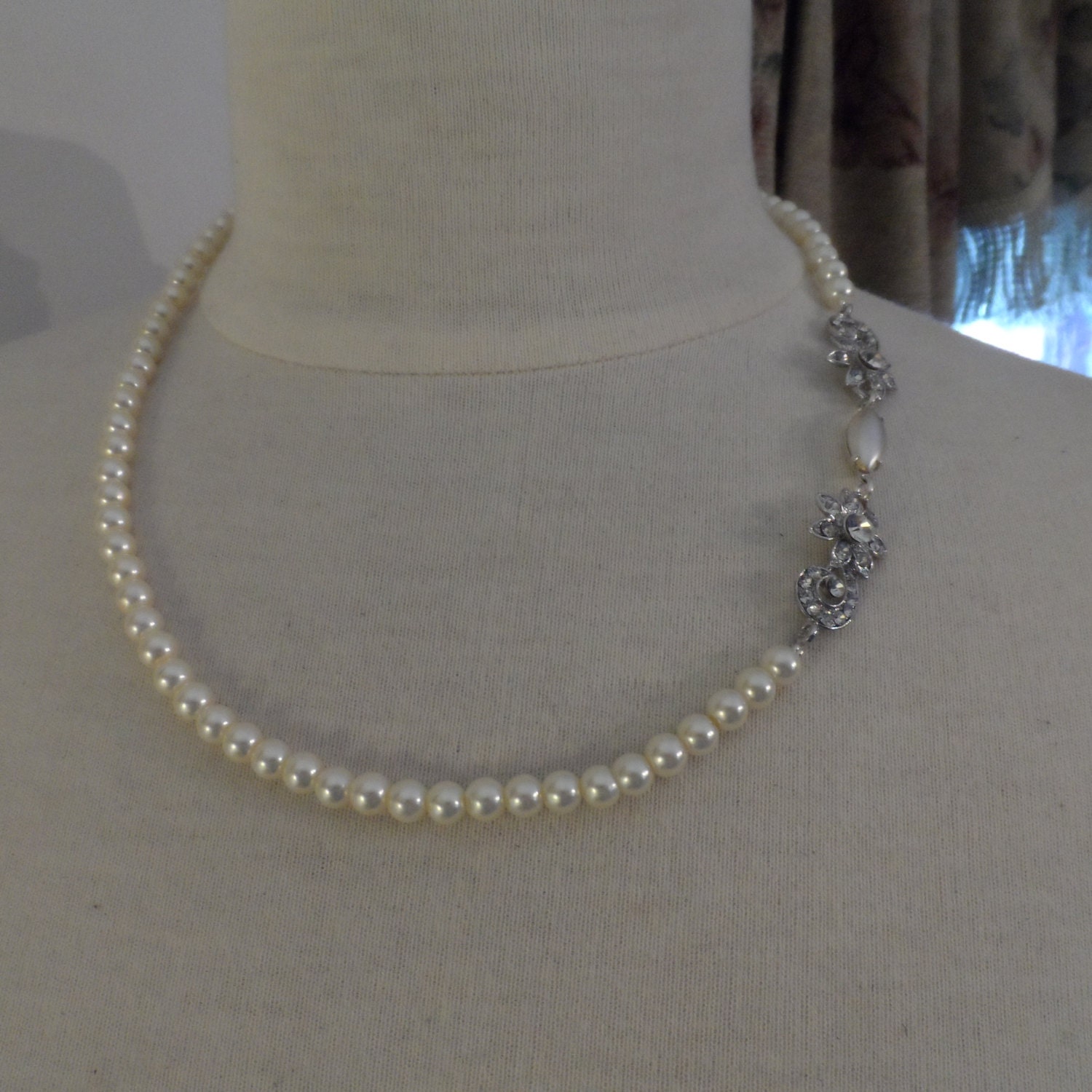 ETHEREAL collection rhinestone pearl silver wedding necklace statement necklace 17" vintage retro victorian inspired