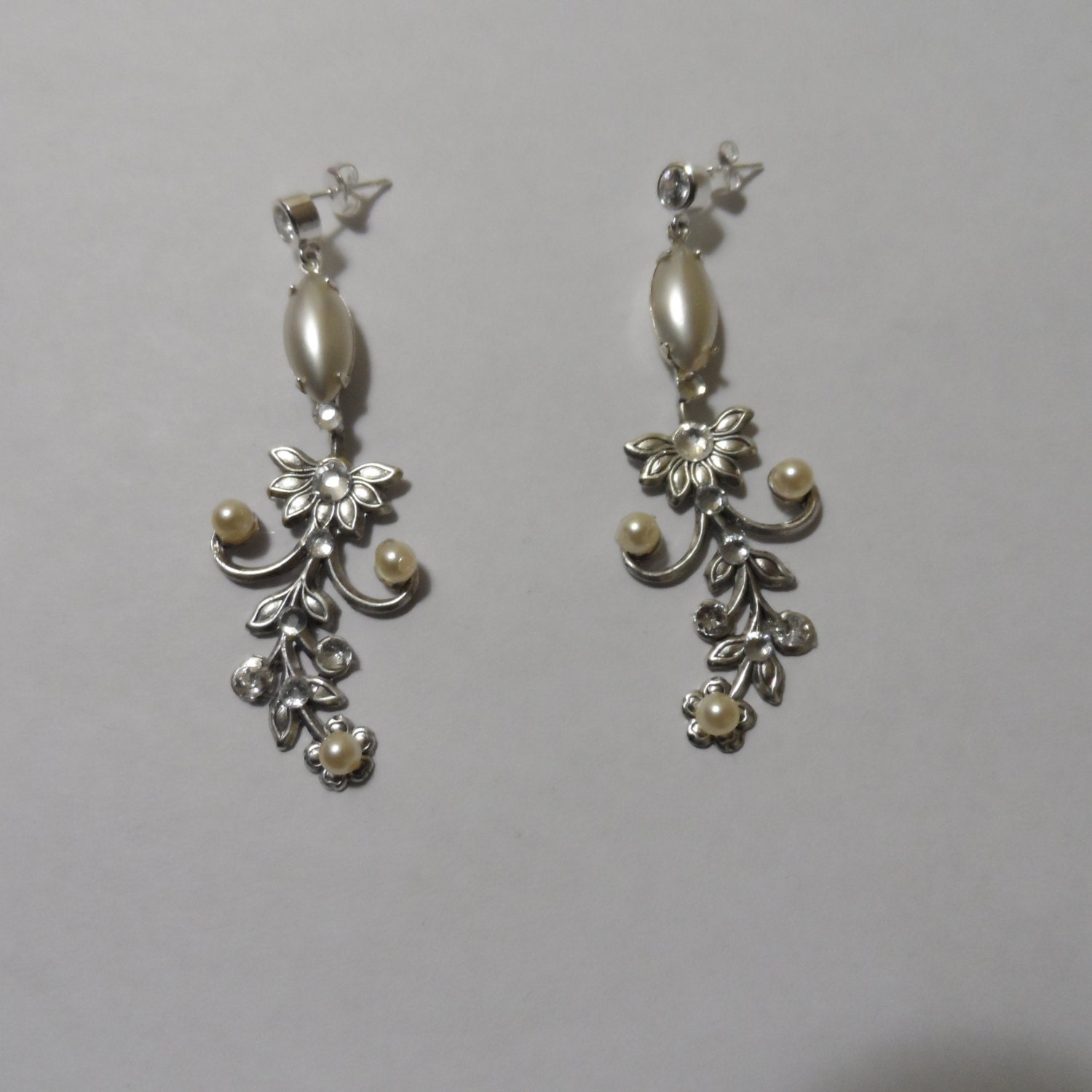 REGAL FLORAL pearl rhinestone flower vine Victorian Chandelier dangle wedding earrings Vintage inspired Swarovski Antique silver bridesmaid