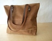 Simple Waxed Canvas Tote - Blush Brown - Organic Cotton Striped Lining - Leather Straps