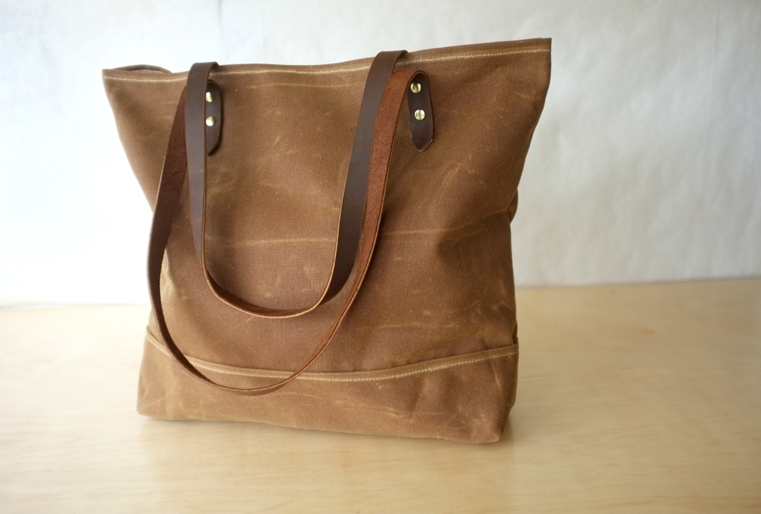Simple Waxed Canvas Tote - Blush Brown - Organic Cotton Striped Lining - Leather Straps